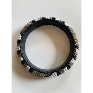 Beaded Bangle Bracelet Black White Gray Seed Bead Leather Lined Tribal Ethnic
